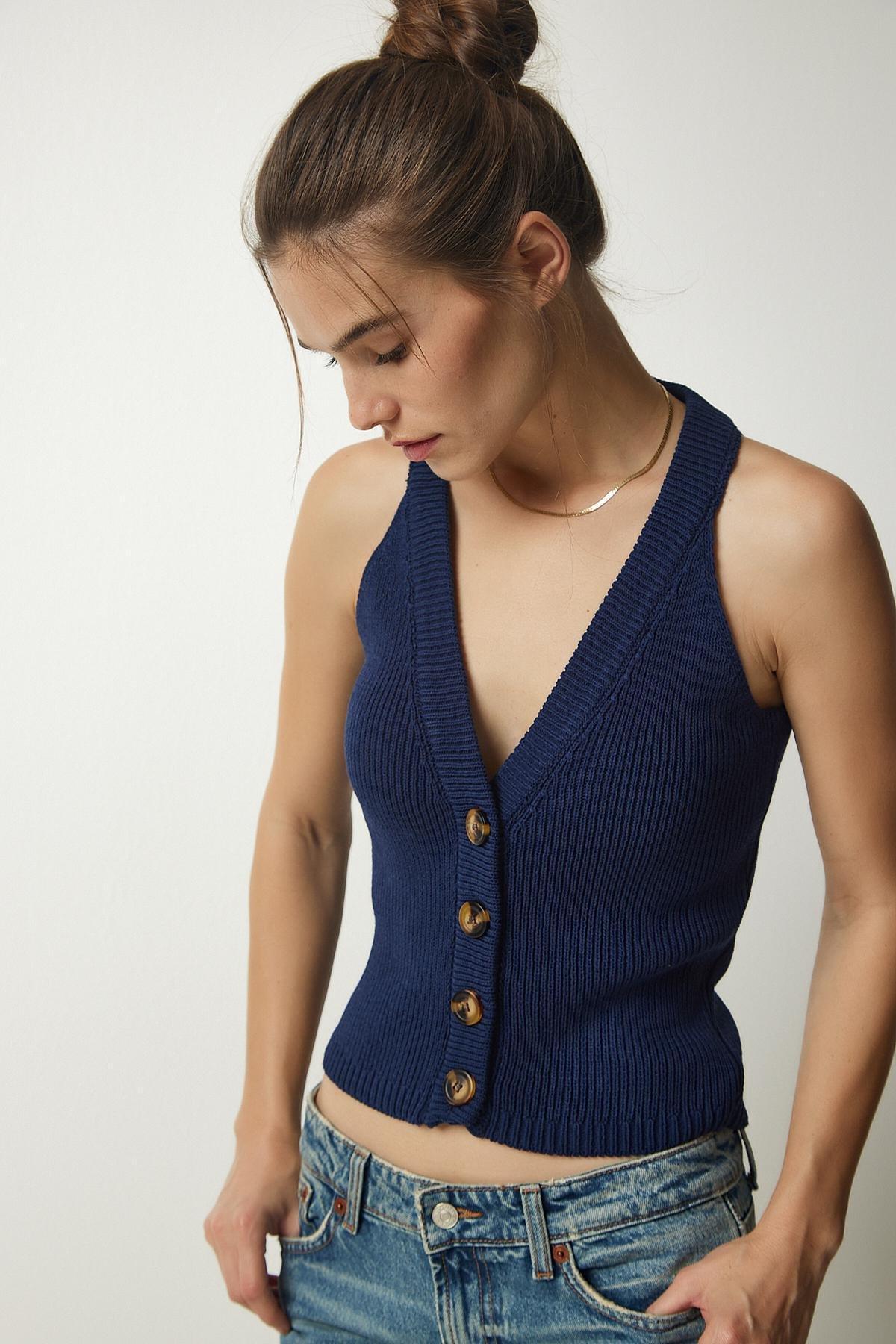 Navy Halter Neck Buttoned Vest, Navy blue, large image number 0