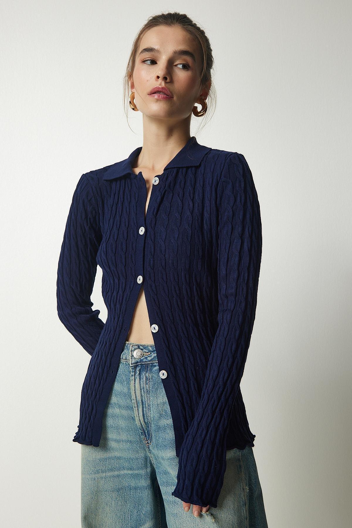 Navy Polo Neck Braided Cardigan, Navy blue, large image number 1