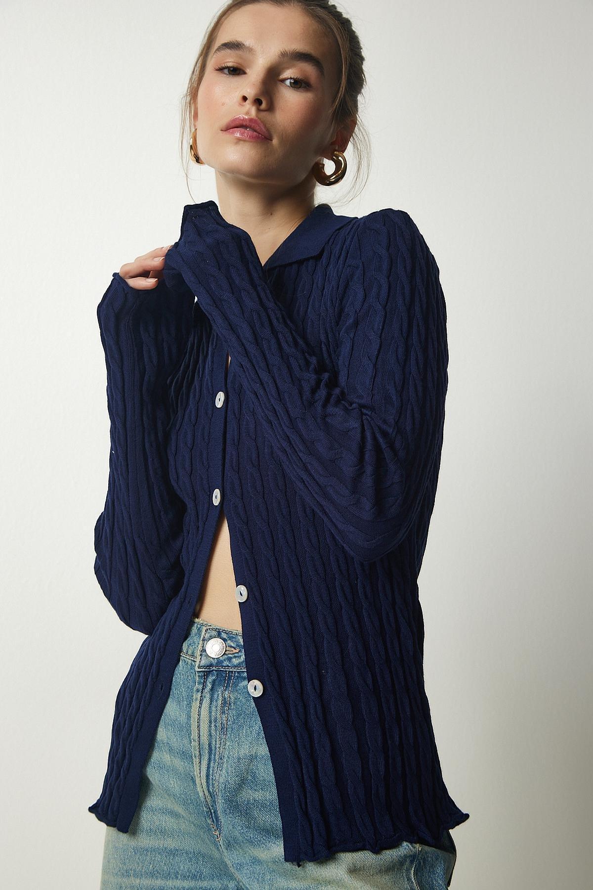 Navy Polo Neck Braided Cardigan, Navy blue, large image number 2
