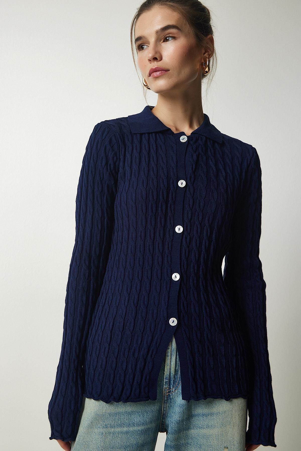 Navy Polo Neck Braided Cardigan, Navy blue, large image number 3