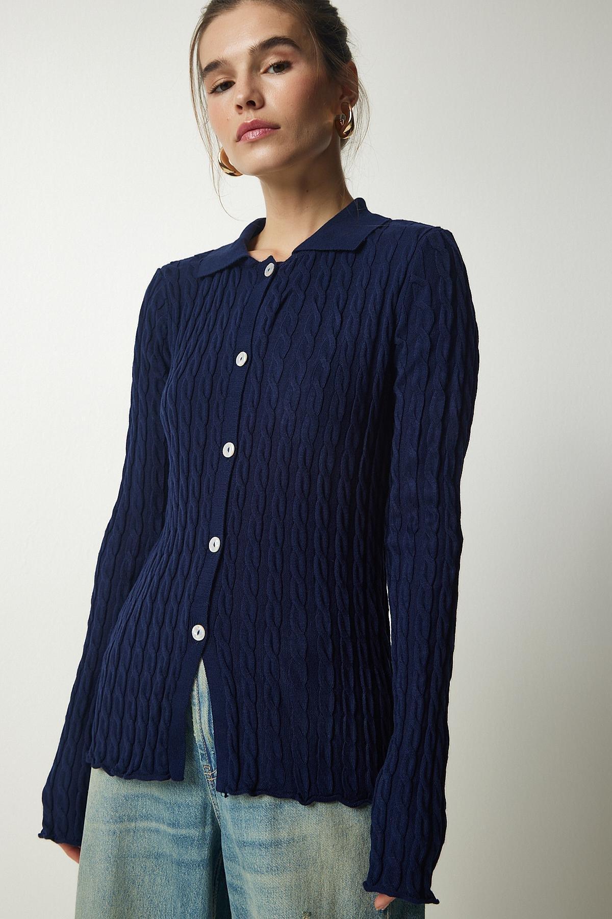 Navy Polo Neck Braided Cardigan, Navy blue, large image number 4