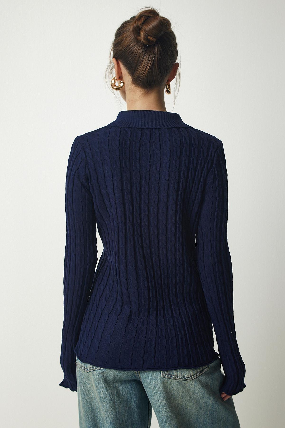 Navy Polo Neck Braided Cardigan, Navy blue, large image number 6