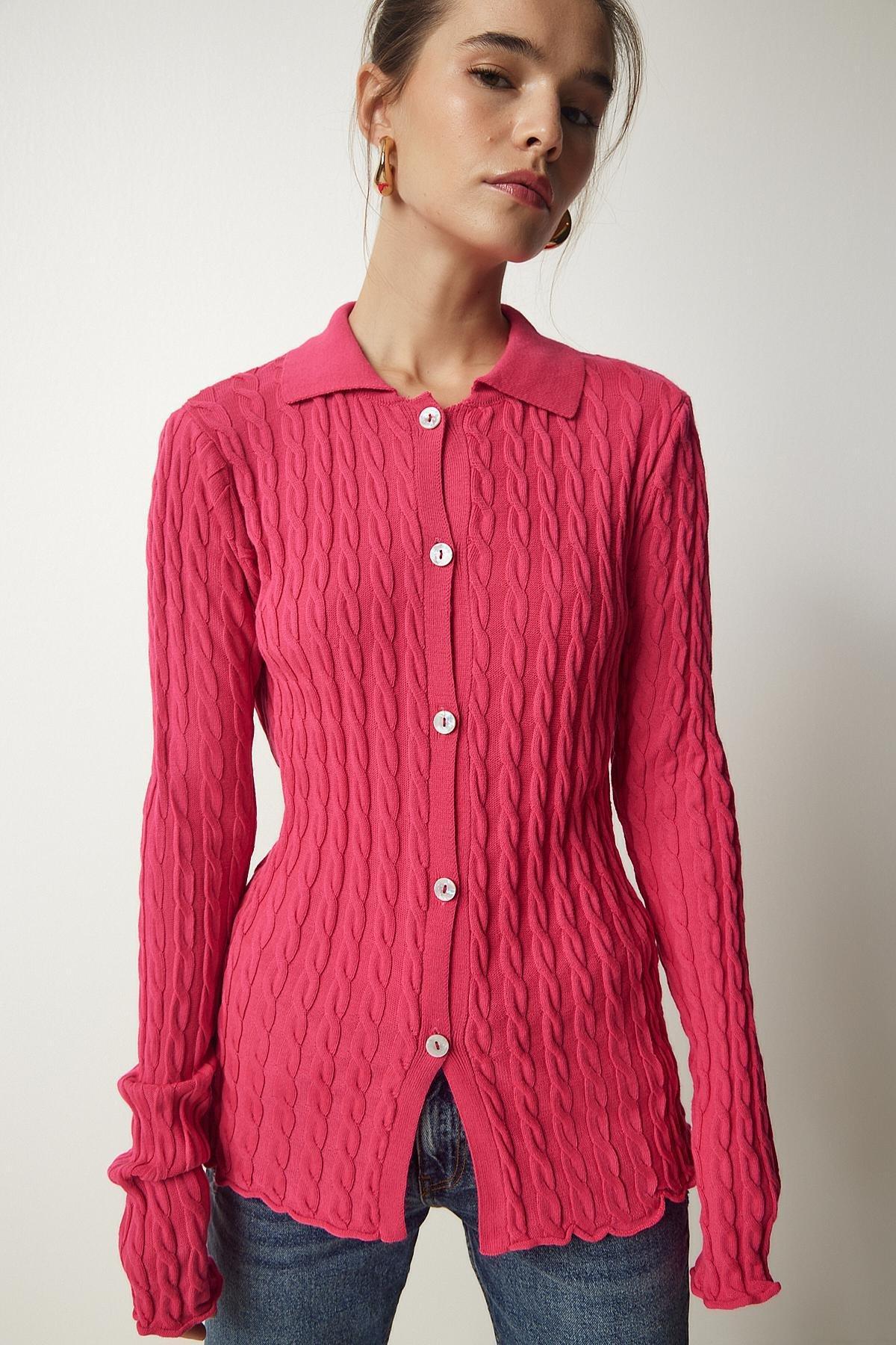 Pink Polo Neck Braided Cardigan, Pink, large image number 2