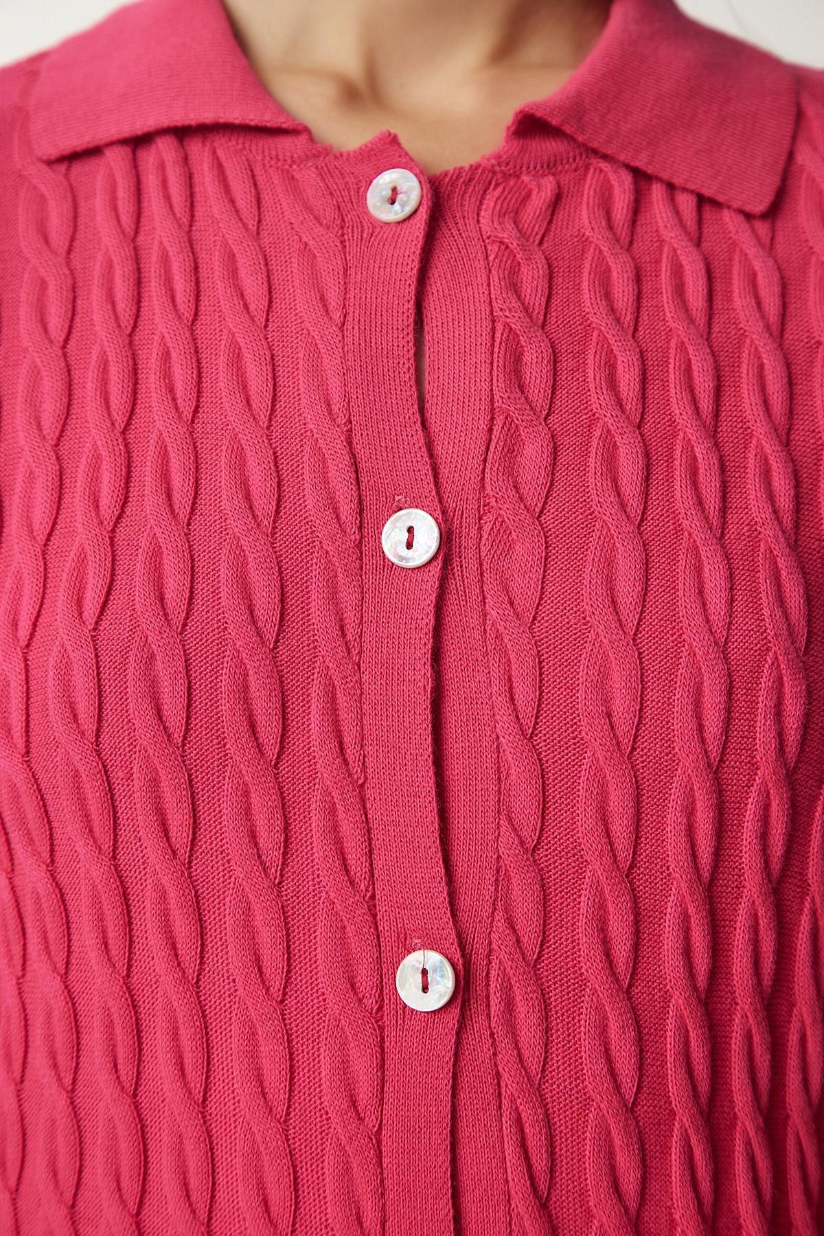 Pink Polo Neck Braided Cardigan, Pink, large image number 3