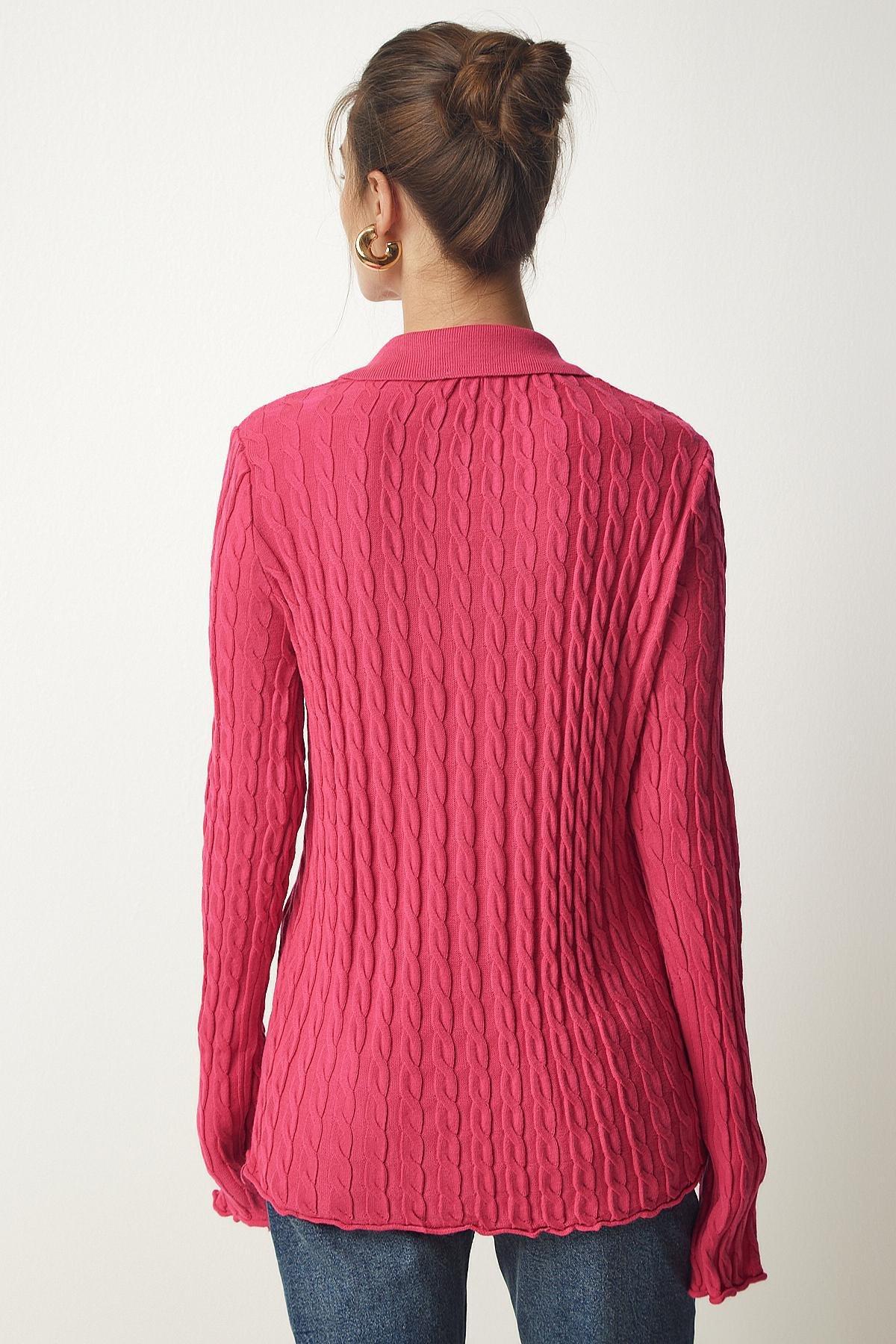 Pink Polo Neck Braided Cardigan, Pink, large image number 4