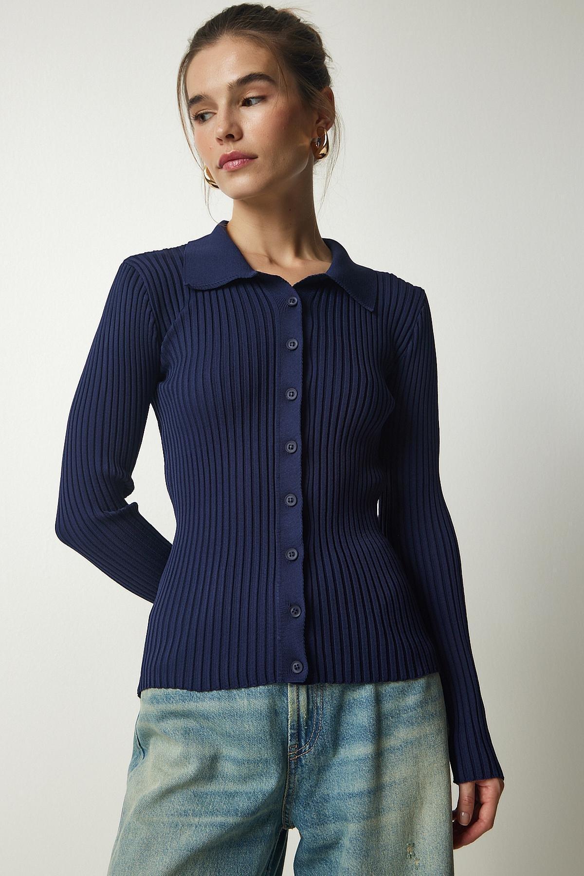 Navy Buttoned Ribbed Knitted Sweater, Navy blue, large image number 2