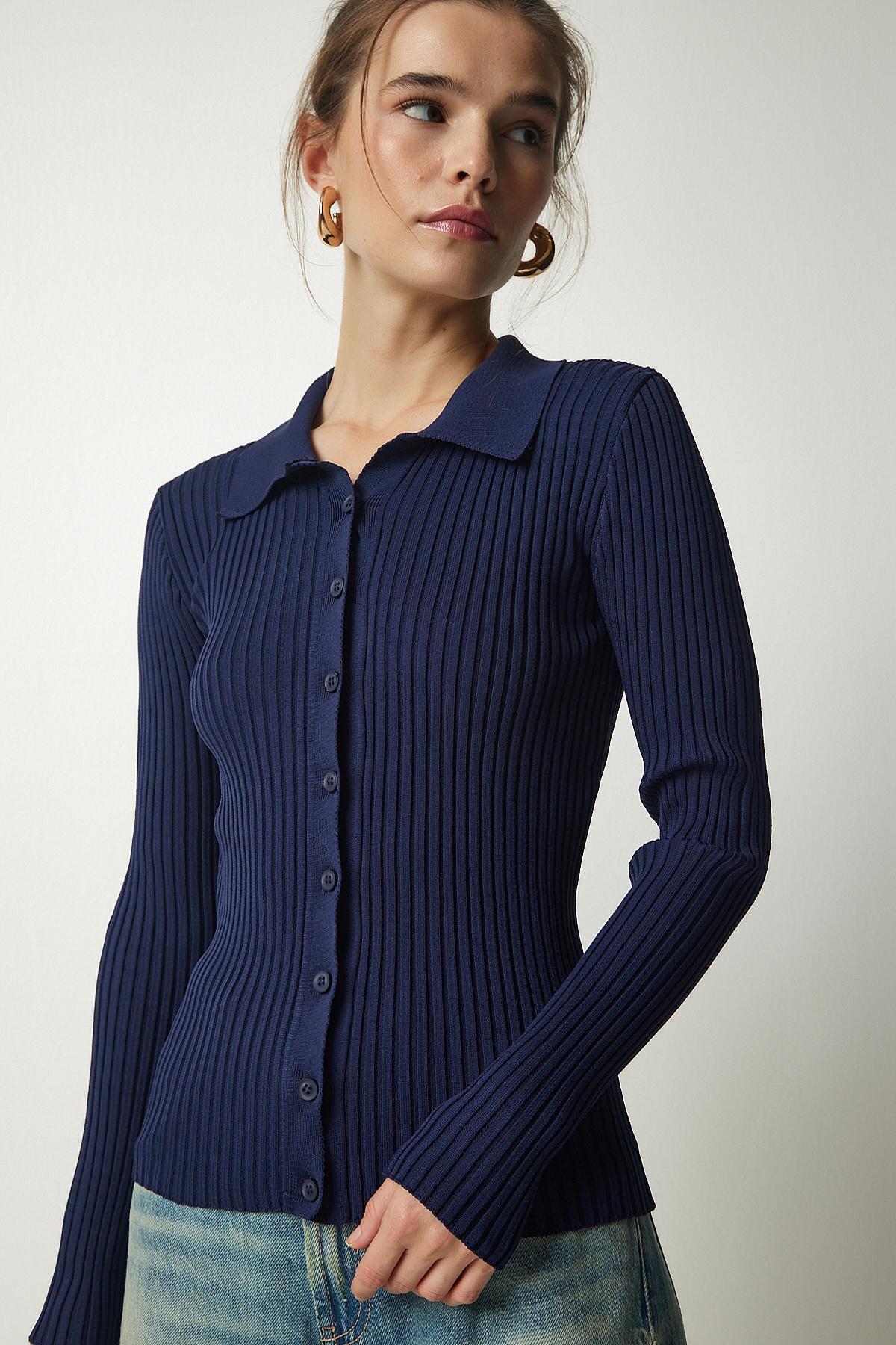 Navy Buttoned Ribbed Knitted Sweater, Navy blue, large image number 3