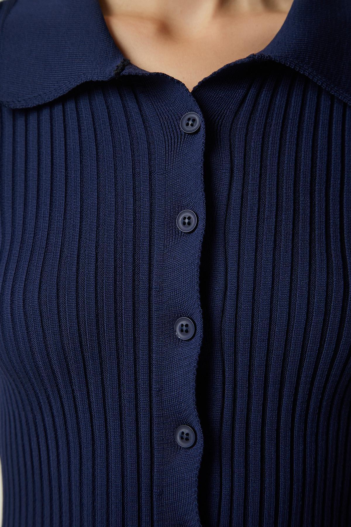 Navy Buttoned Ribbed Knitted Sweater, Navy blue, large image number 4