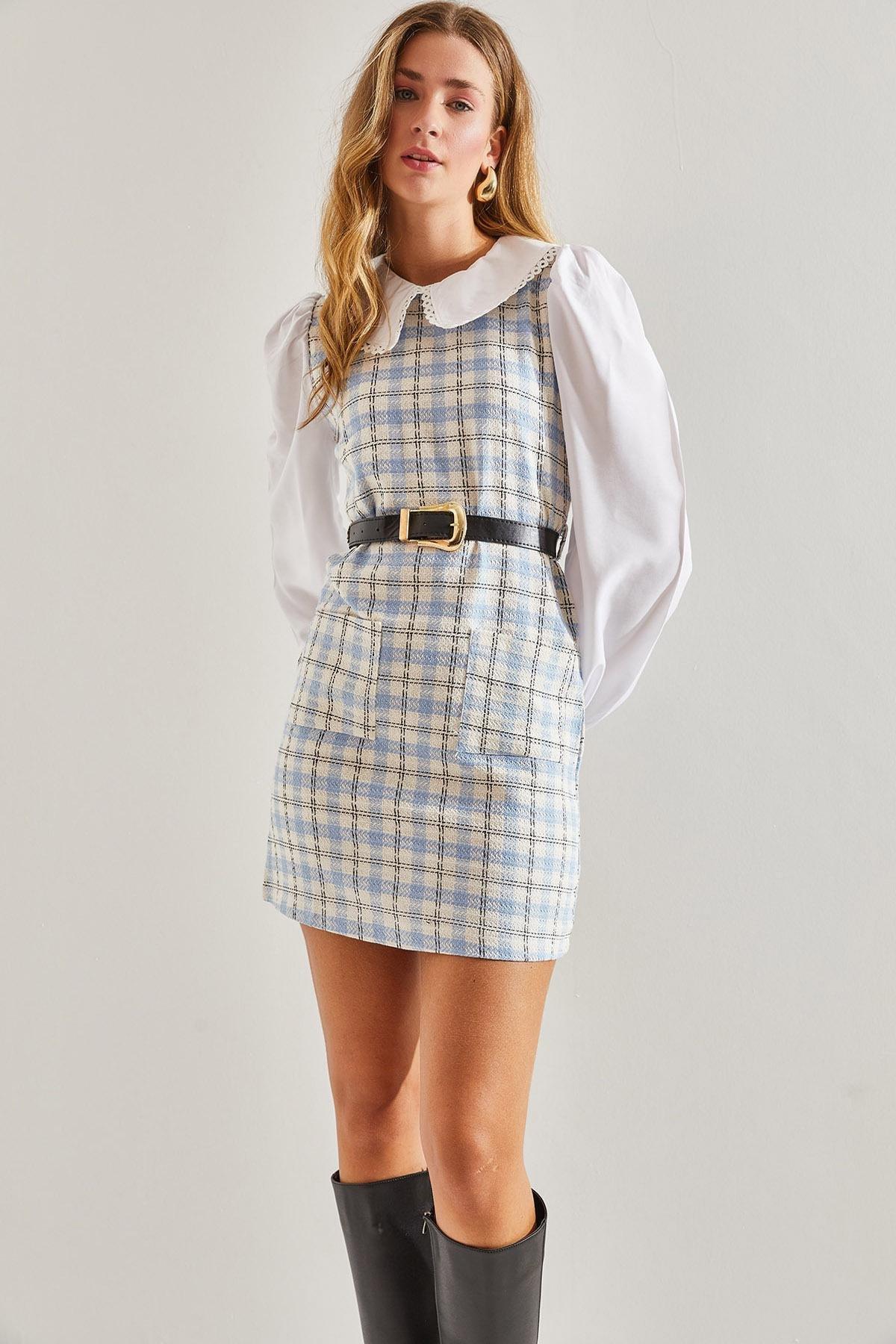 Multicolour Belted Checked Collared Dress, C101_4857, large image number 0