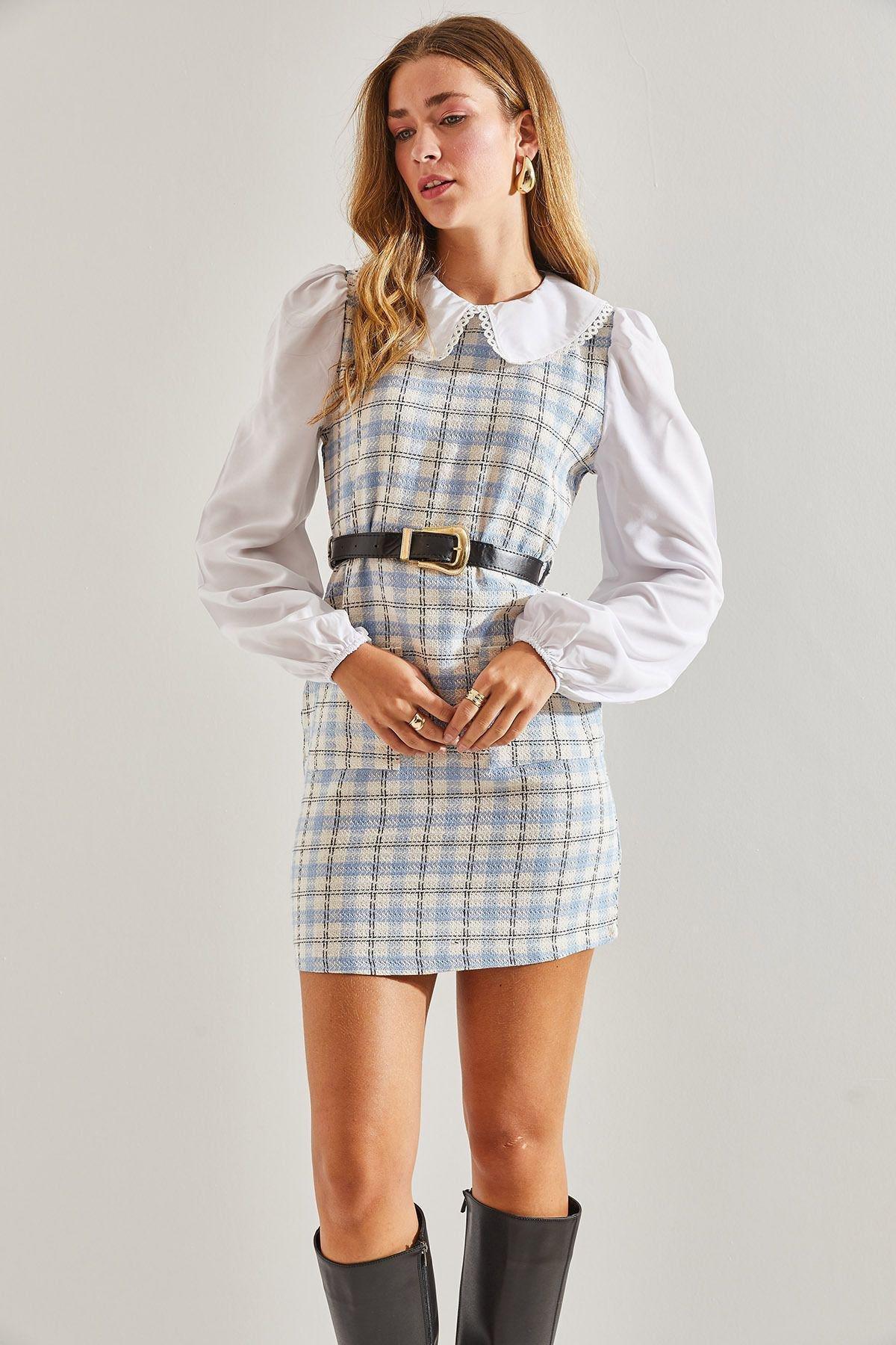 Multicolour Belted Checked Collared Dress, C101_4857, large image number 1