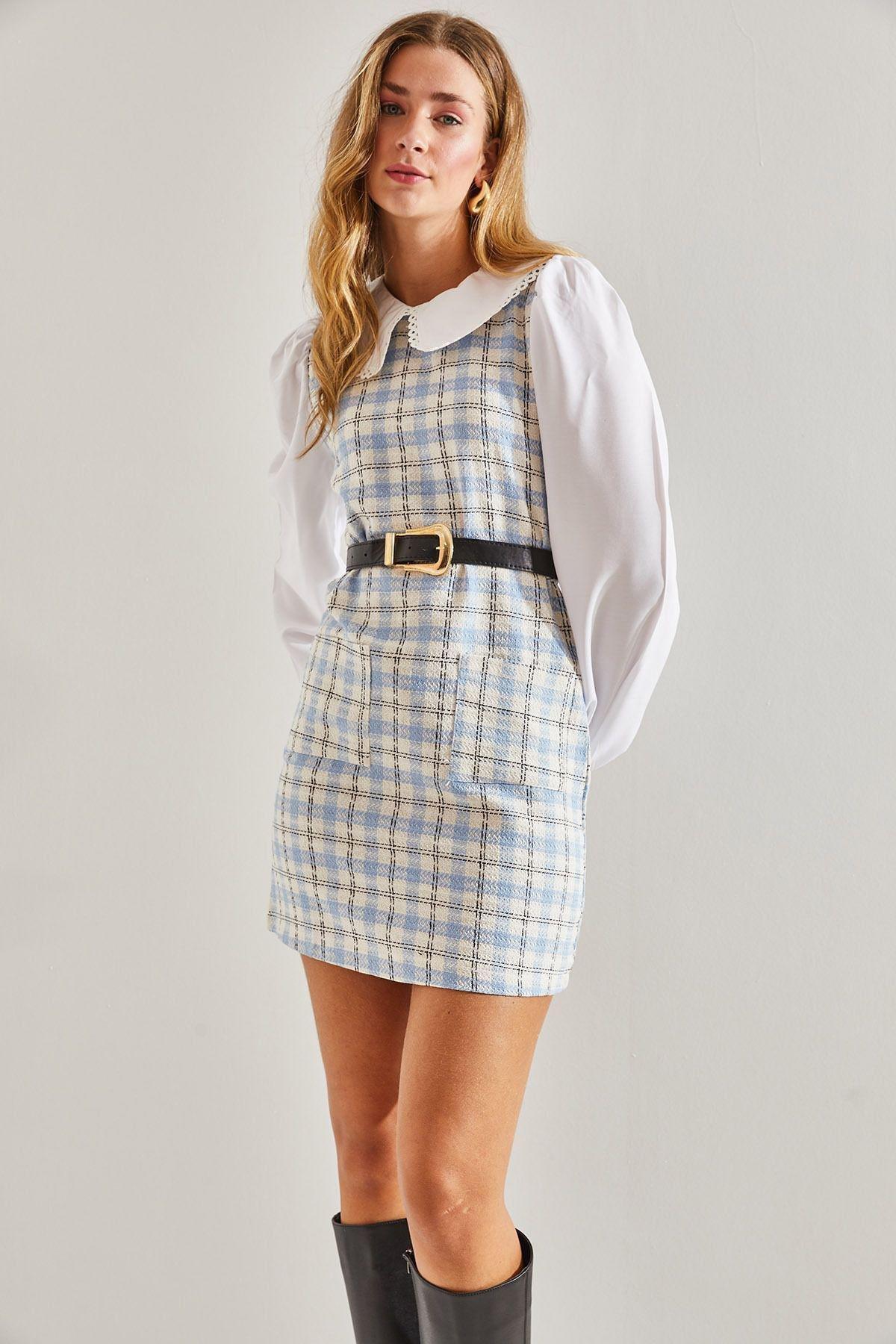 Multicolour Belted Checked Collared Dress, C101_4857, large image number 3