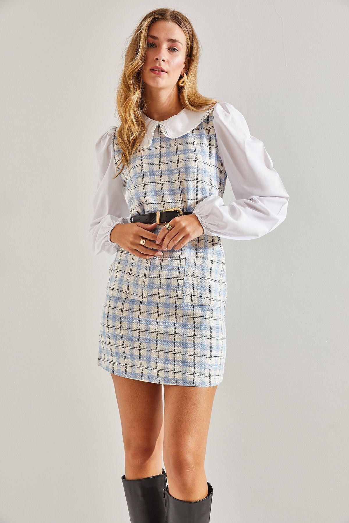 Multicolour Belted Checked Collared Dress, C101_4857, large image number 4