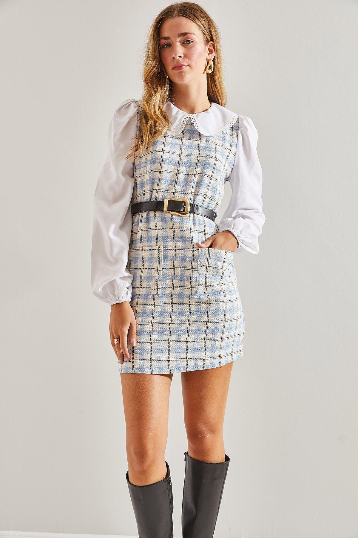 Multicolour Belted Checked Collared Dress, C101_4857, large image number 5