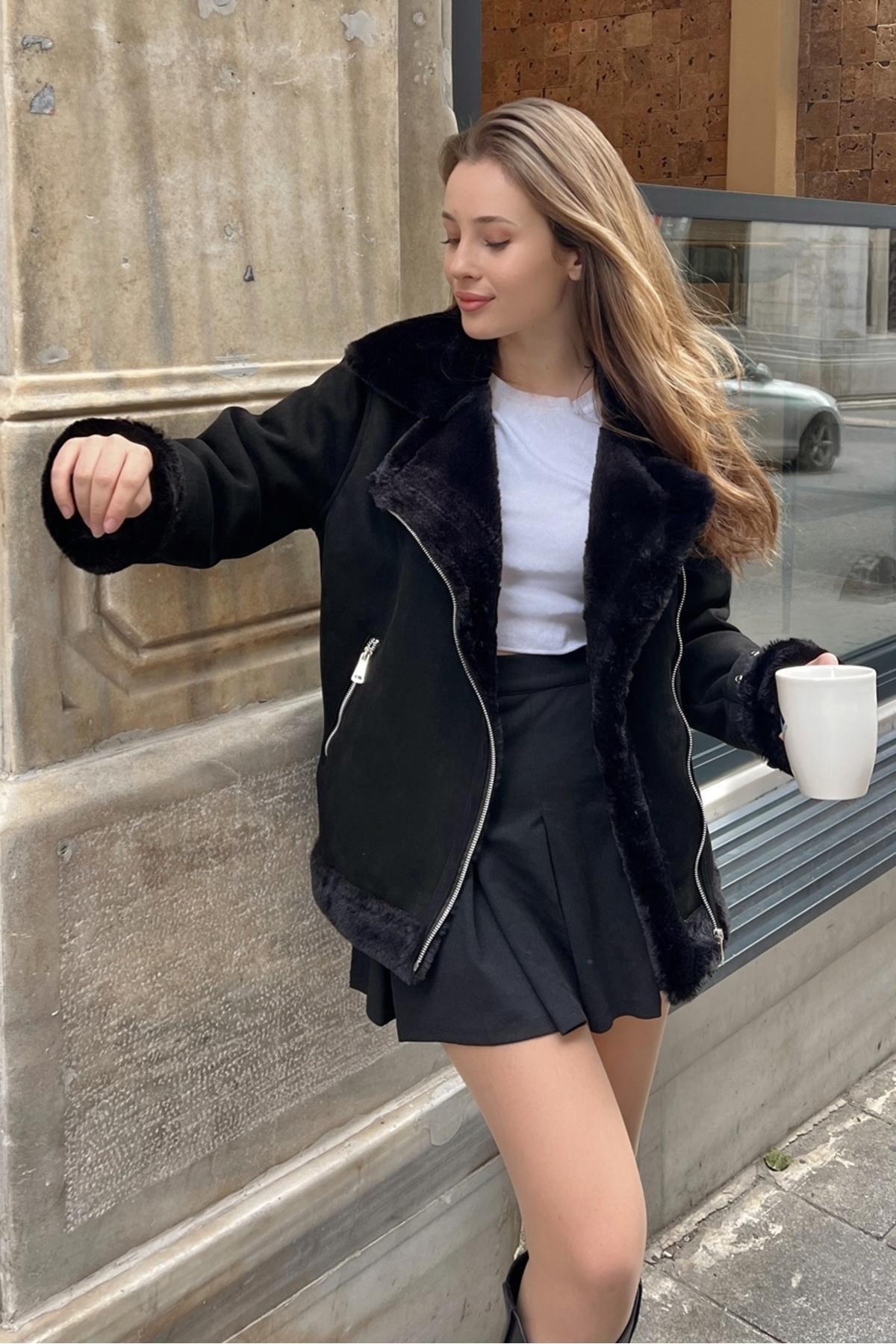 Black Shearling Belts Suede Coat, , large image number 0