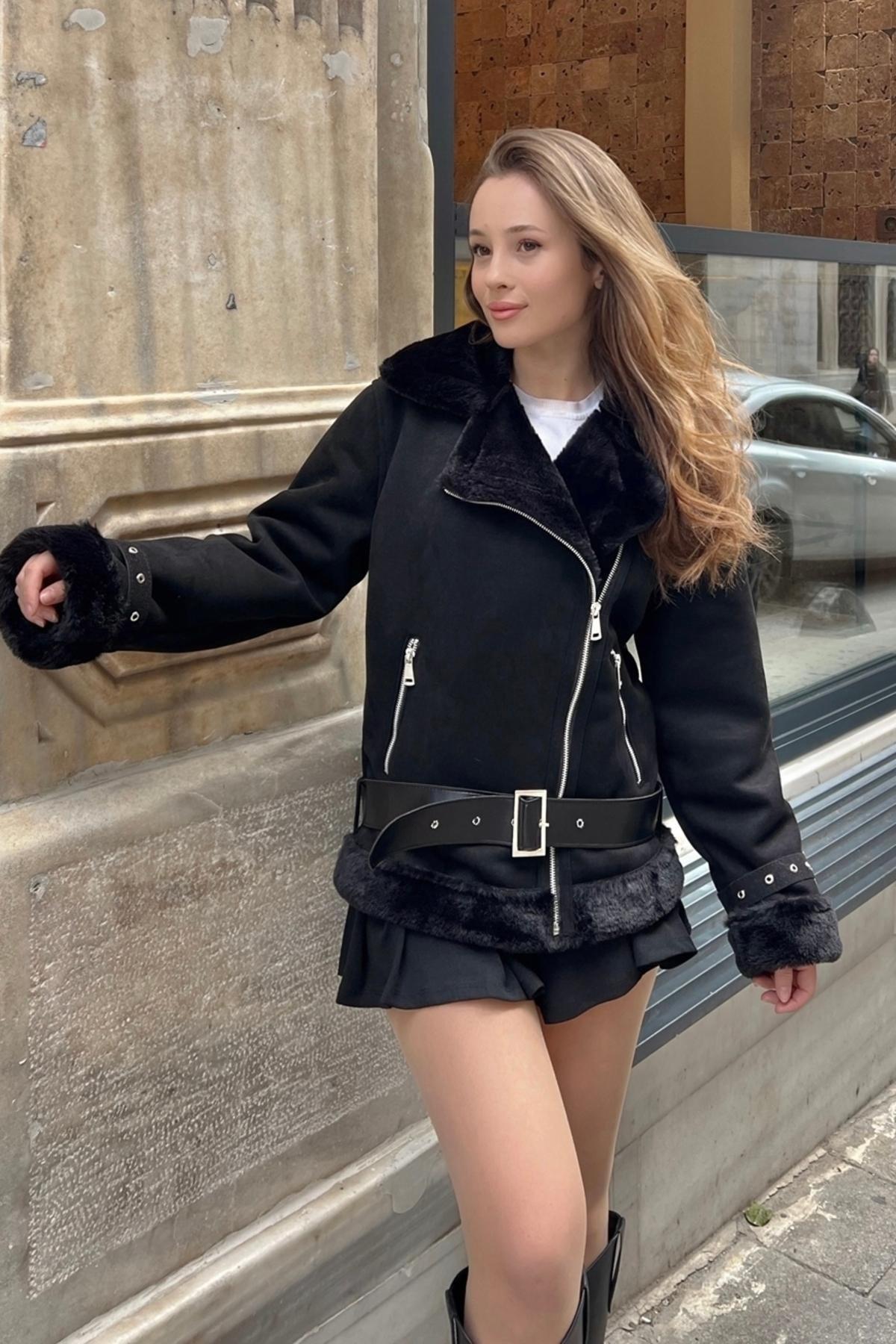 Black Shearling Belts Suede Coat, , large image number 1