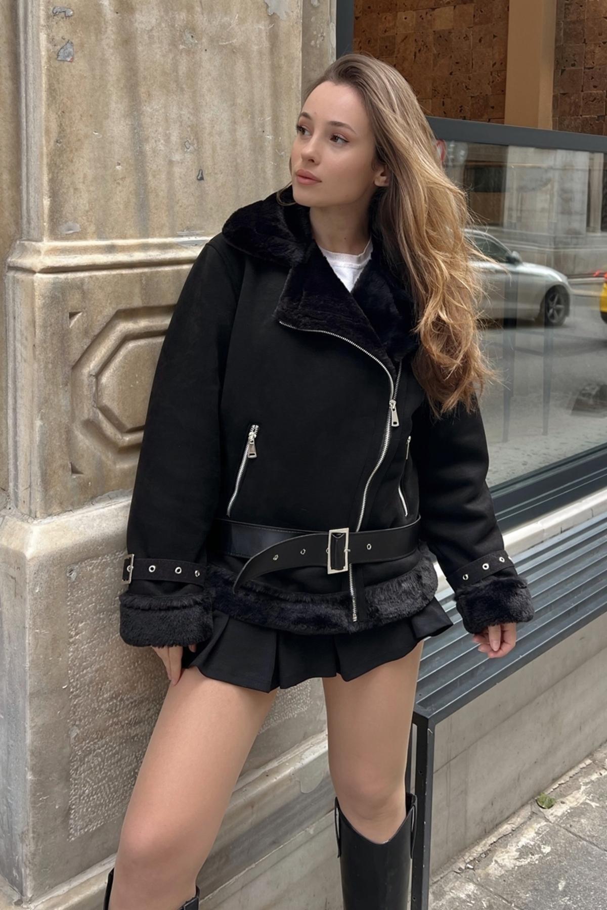 Black Shearling Belts Suede Coat, , large image number 2