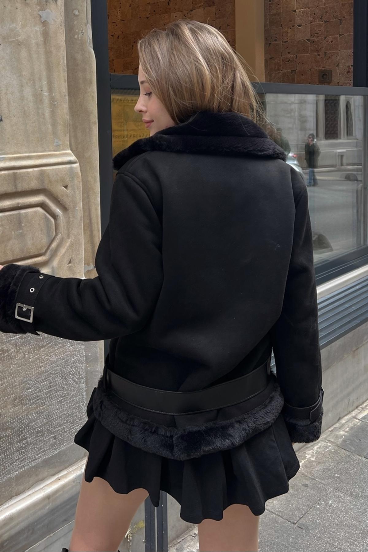 Black Shearling Belts Suede Coat, , large image number 3