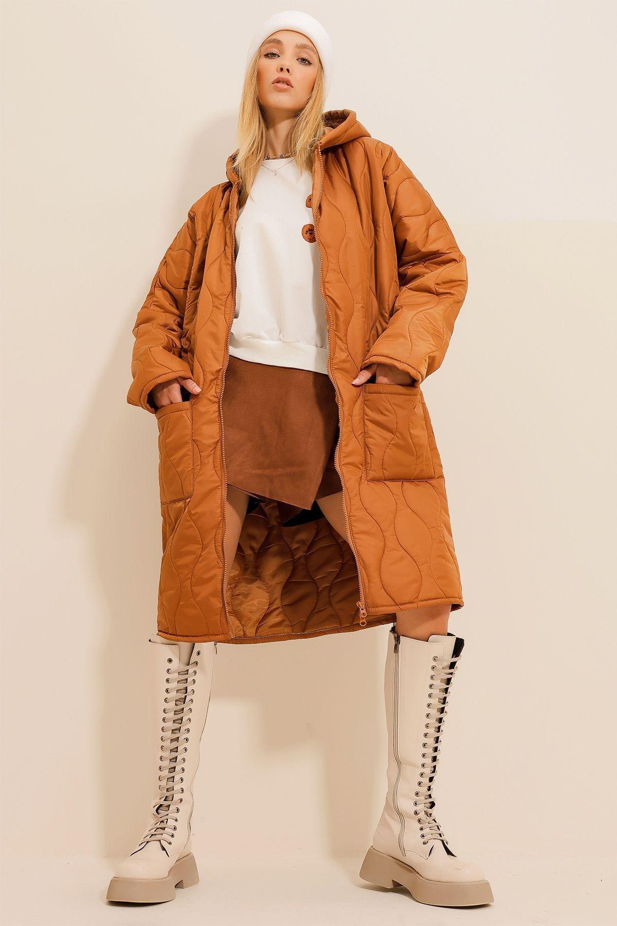Camel Hooded Long Puffer Coat, , large image number 0