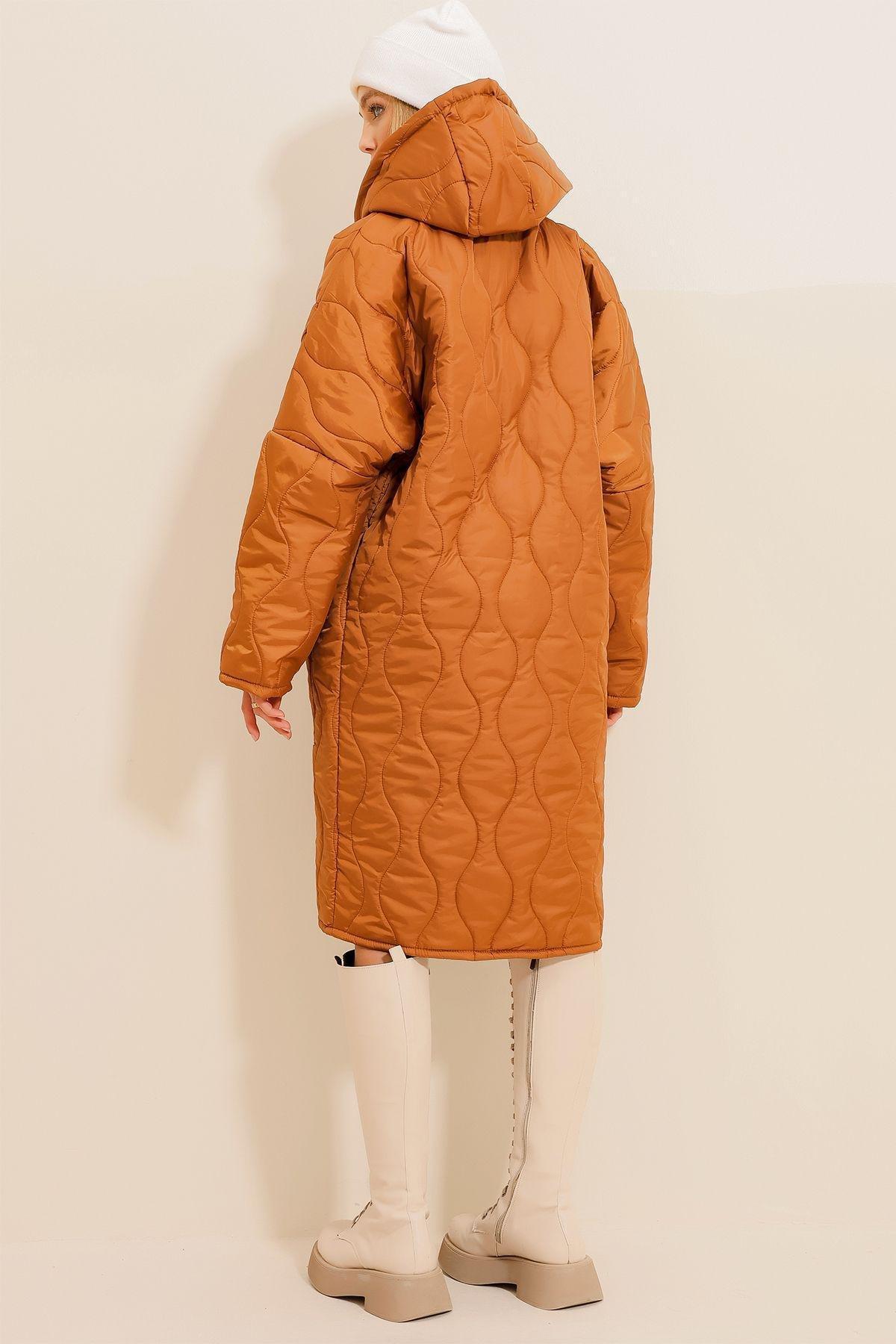 Camel Hooded Long Puffer Coat, , large image number 1