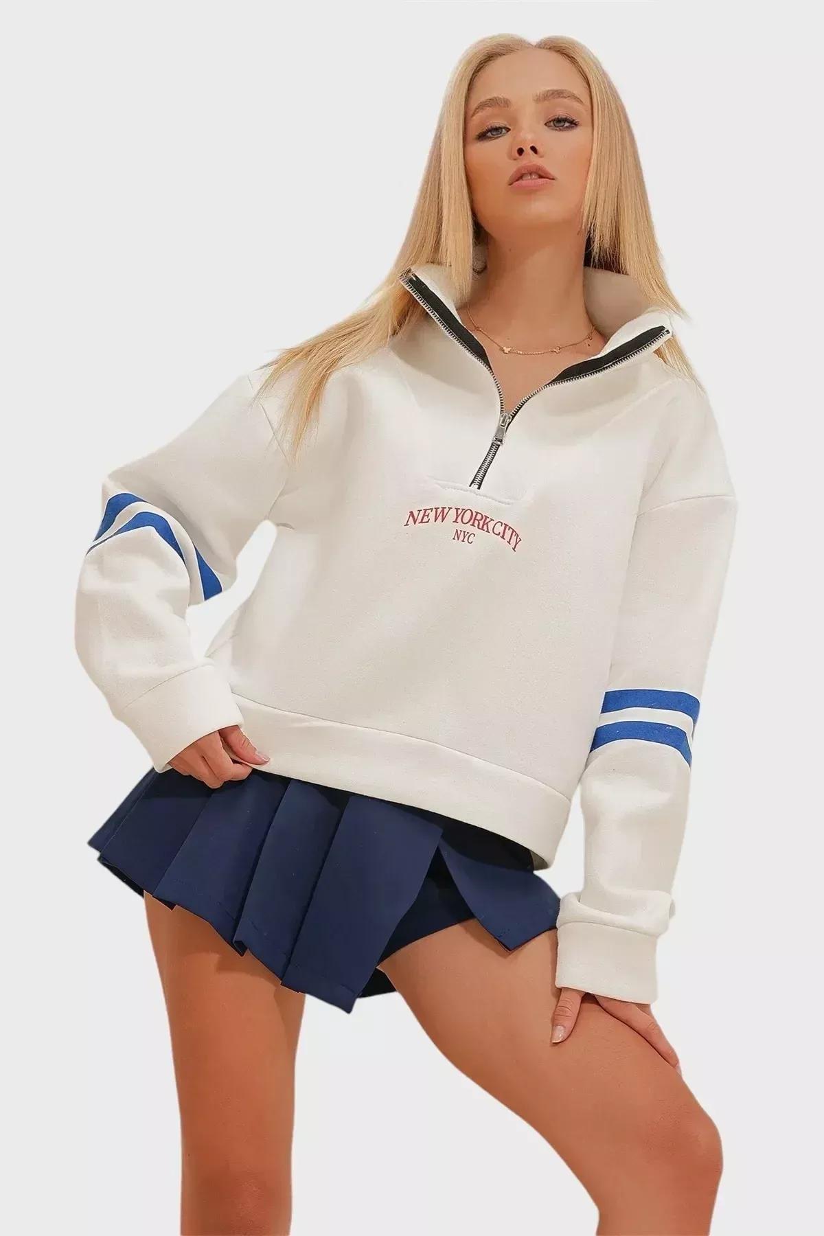 White Zipper Inner Raising Sweatshirt, White, large image number 0