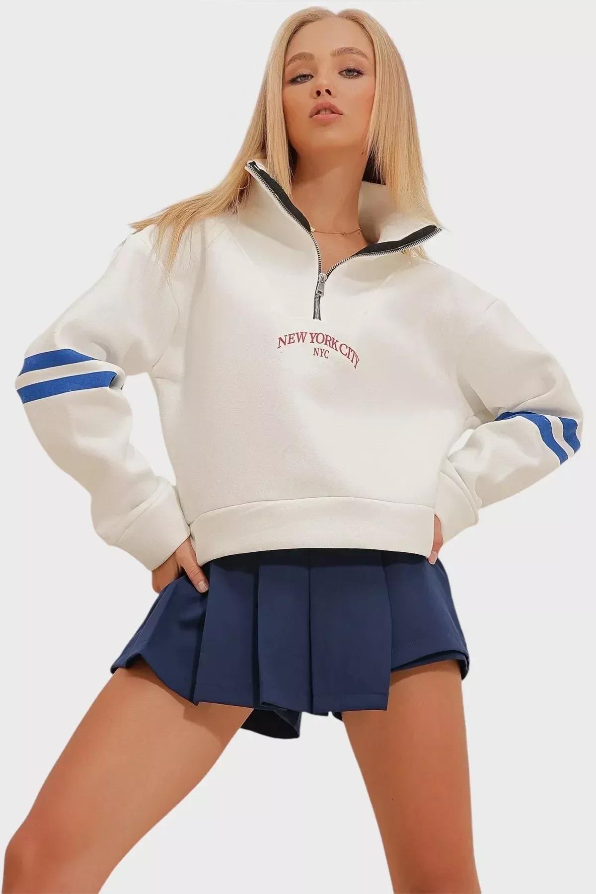 White Zipper Inner Raising Sweatshirt, White, large image number 1