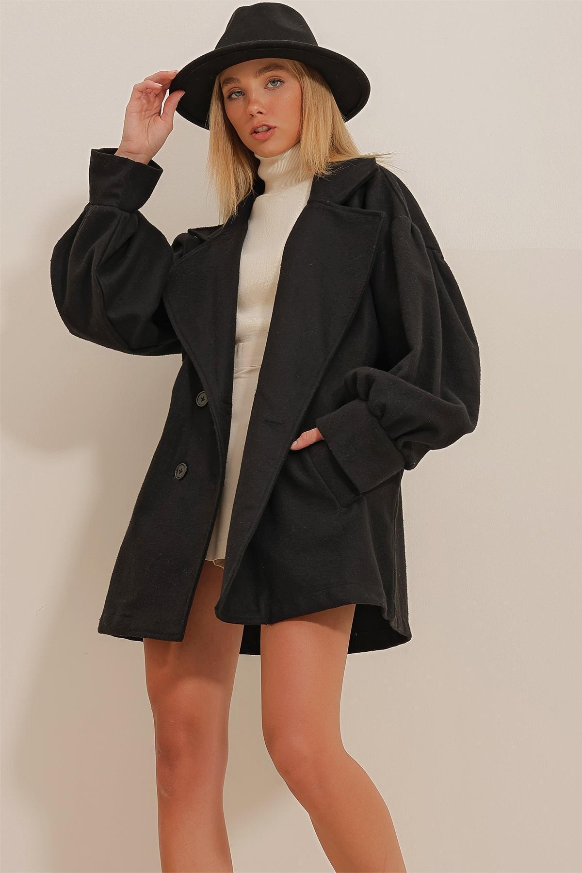 Black Double Breasted Balloon Coat, BLACK, medium
