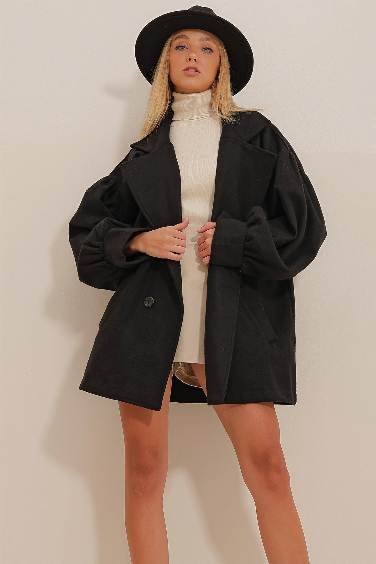 Womens Black Double Breasted Neck Balloon Sleeve Cachet Coat ALC-X10913, Single item, BLACK, medium