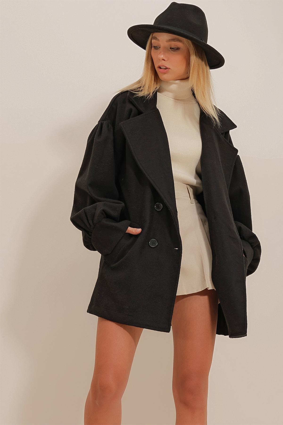 Black Double Breasted Balloon Coat, BLACK, large image number 3