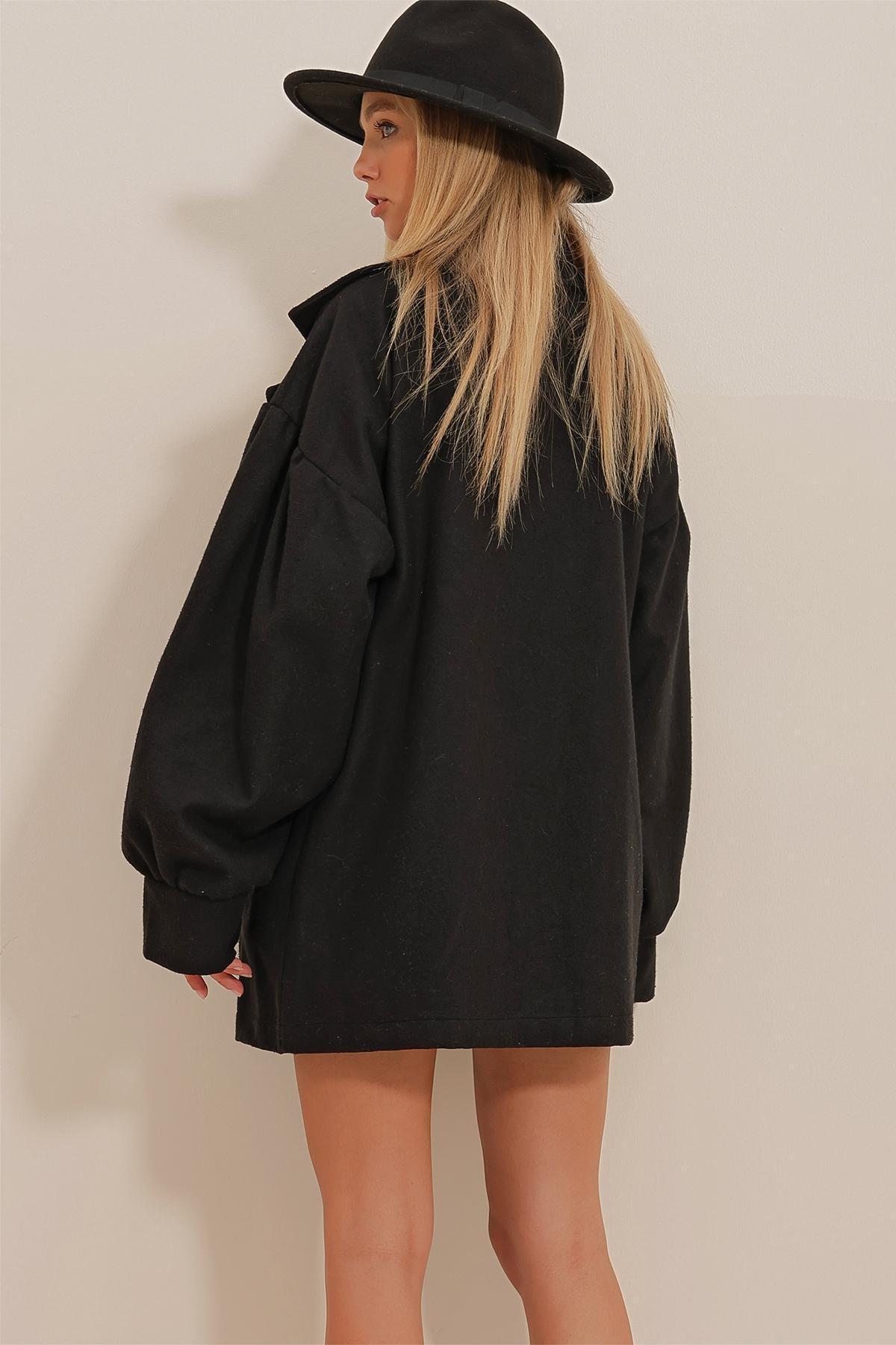 Black Double Breasted Balloon Coat, BLACK, large image number 4