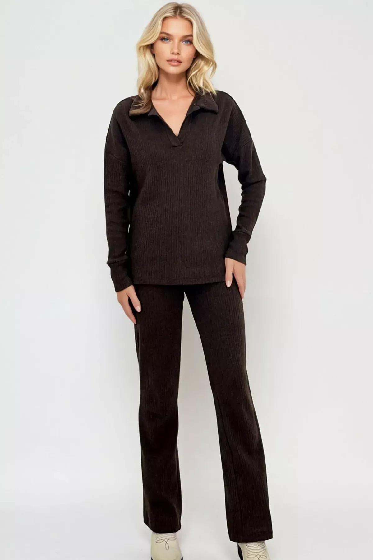 Brown polo neck top palazzo set, Brown, large image number 1