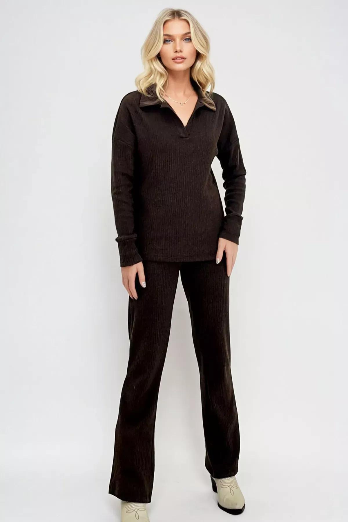 Brown polo neck top palazzo set, Brown, large image number 2