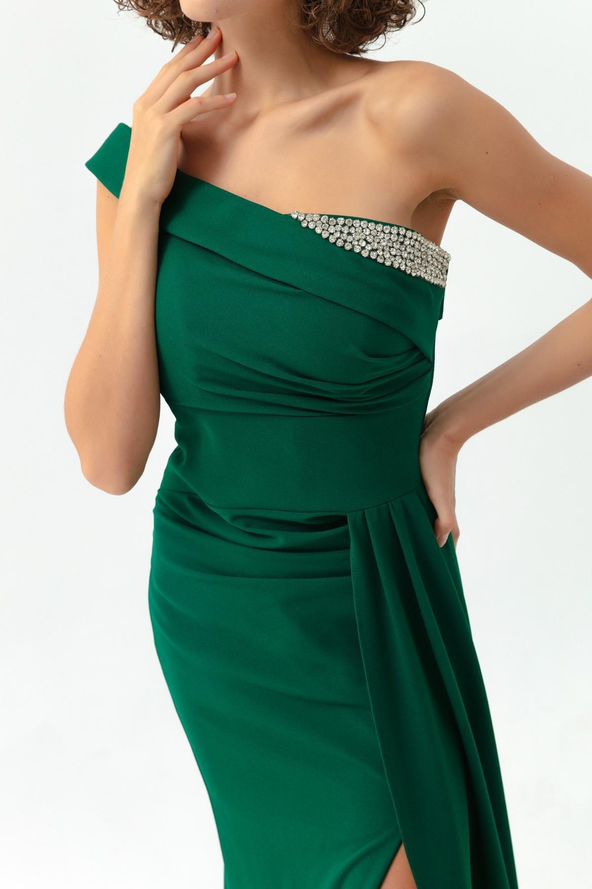 Lafaba - Green One-Shoulder Dress With Stones