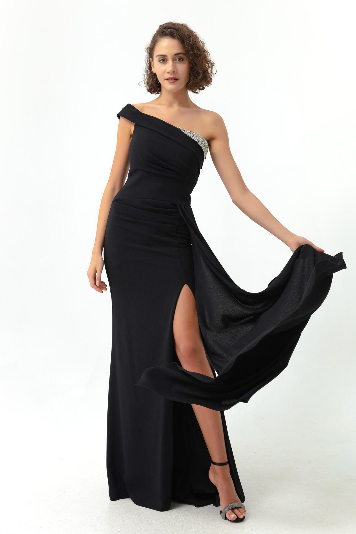 Lafaba - Black One-Shoulder Long Occasion Wear Dress With Stones