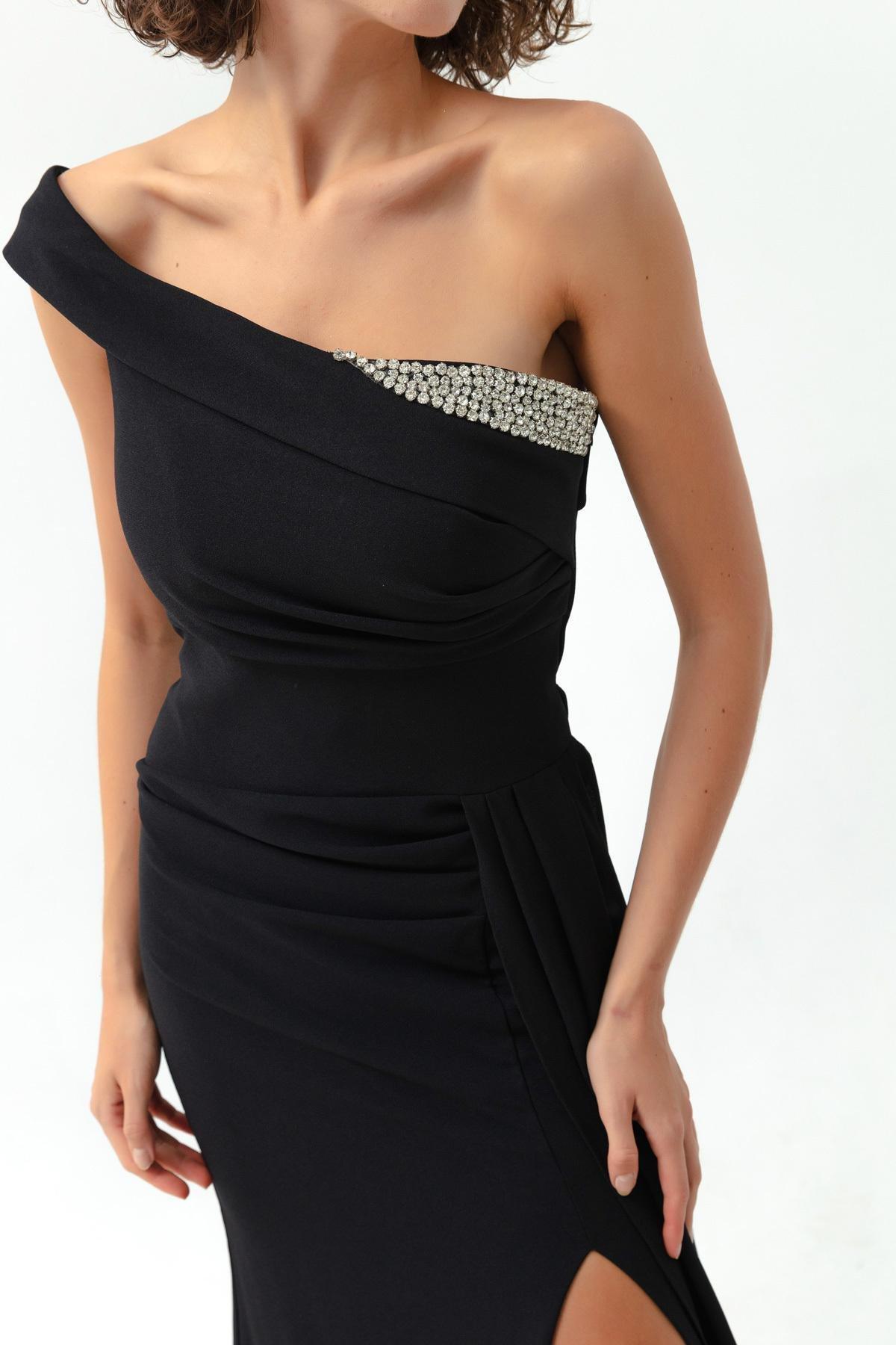 Lafaba - Black One-Shoulder Long Occasion Wear Dress With Stones