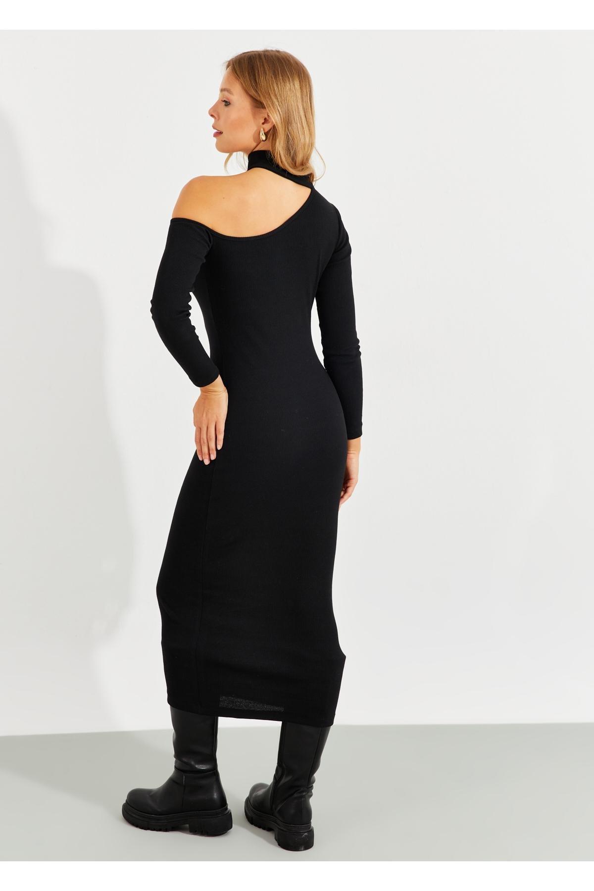Black Open Shoulder Midi Dress, , large image number 6
