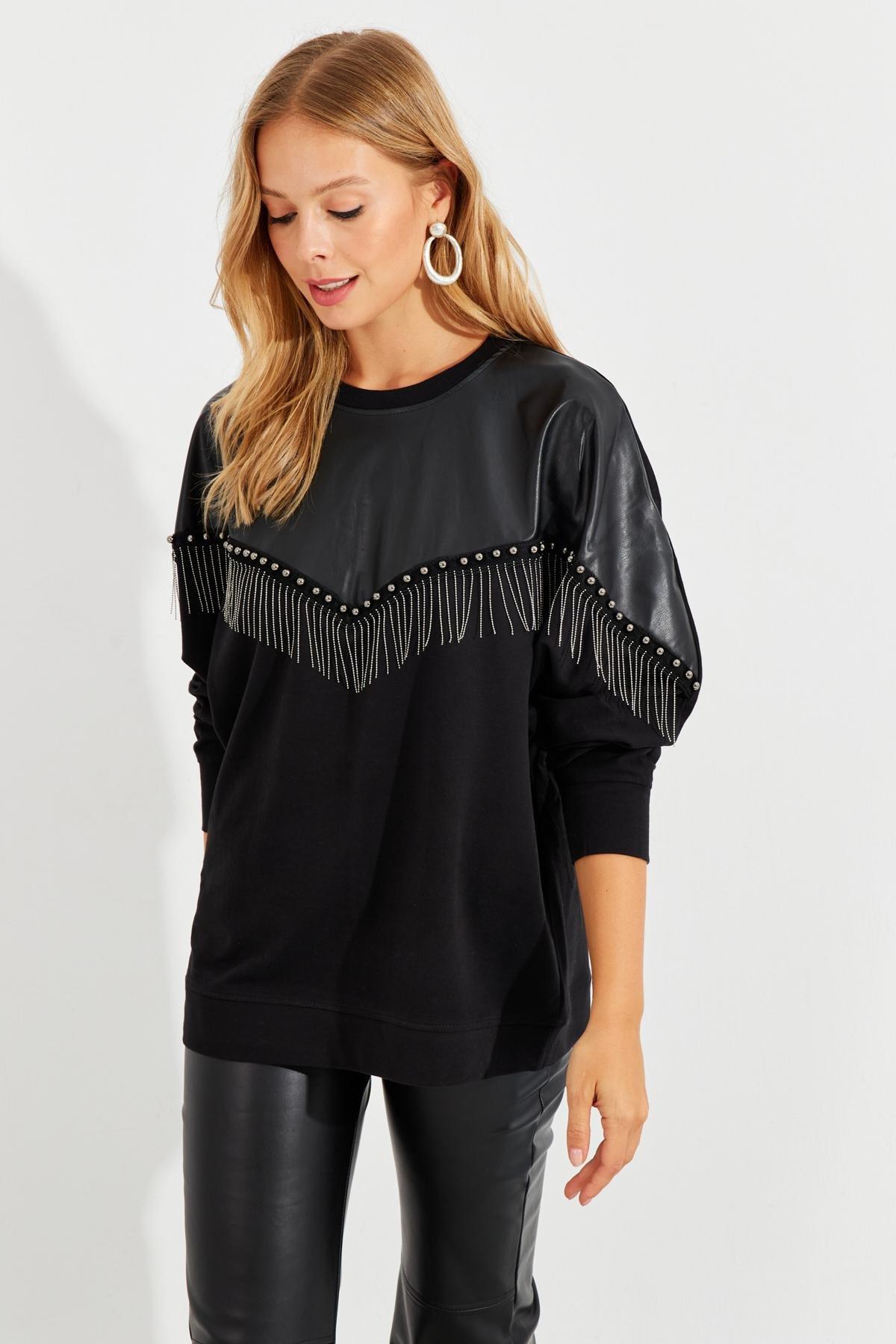 Black Faux Leather Block Sweatshirt, , large image number 0