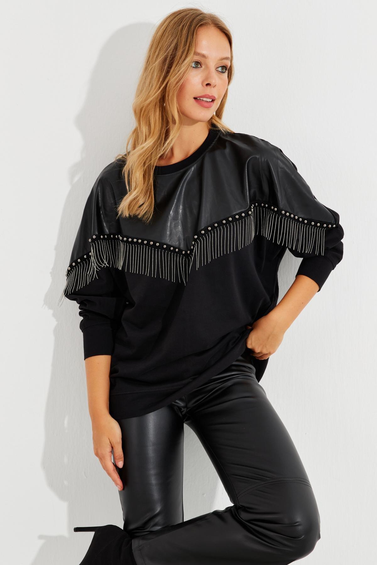 Black Faux Leather Block Sweatshirt, , large image number 1