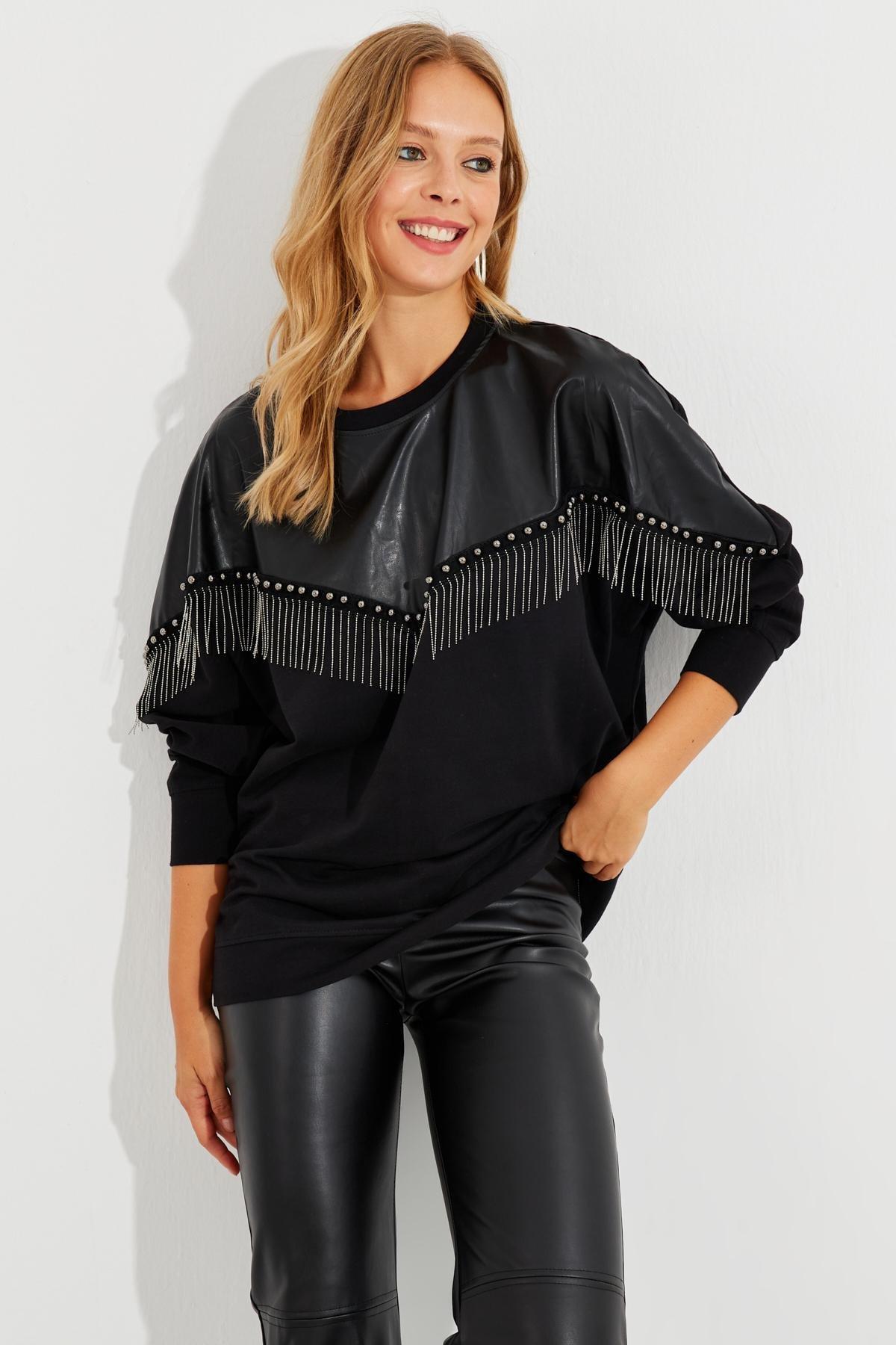 Black Faux Leather Block Sweatshirt, , large image number 2
