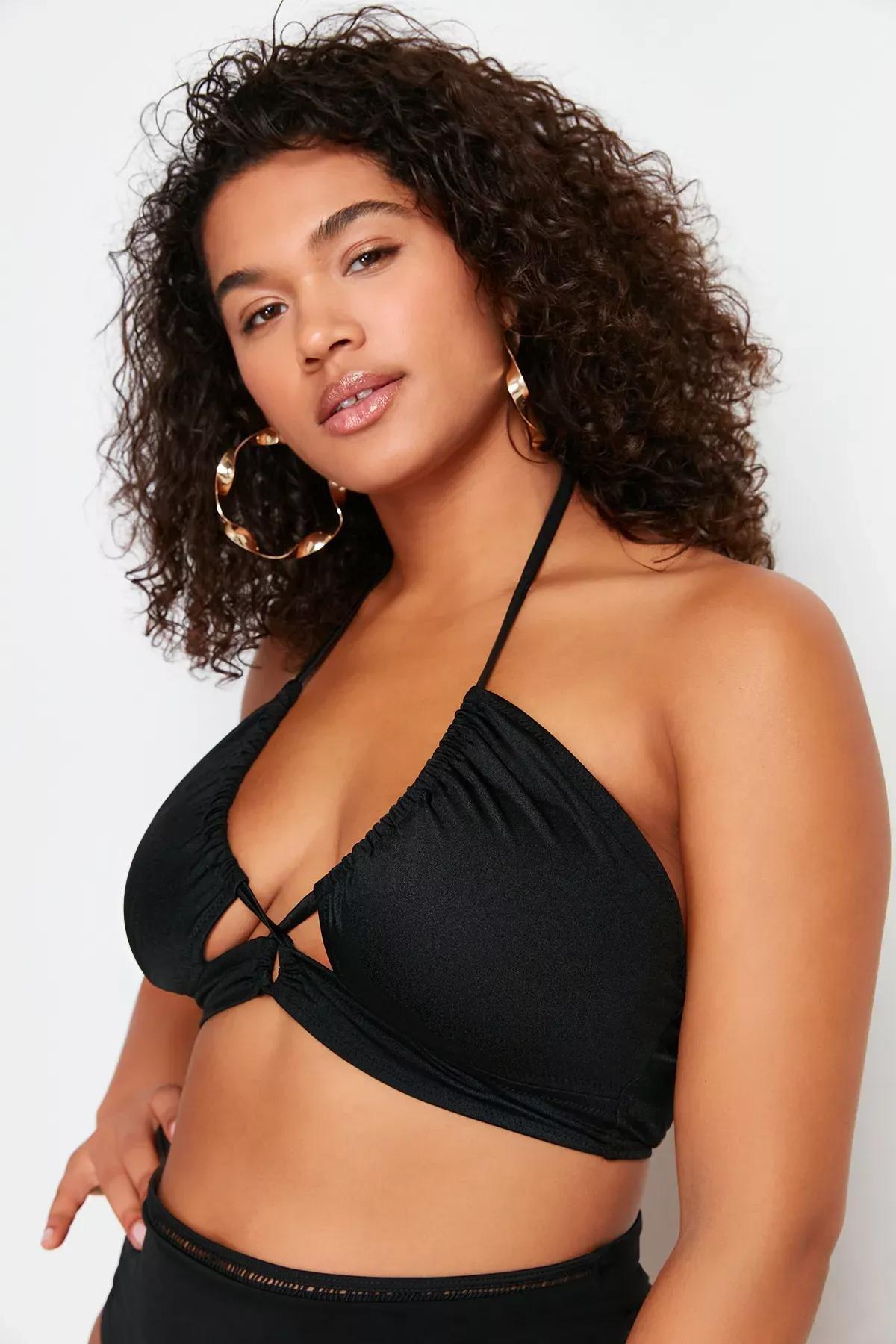 Black Tie Detailed Slimming Effect Bikini Top, BLACK, large image number 1
