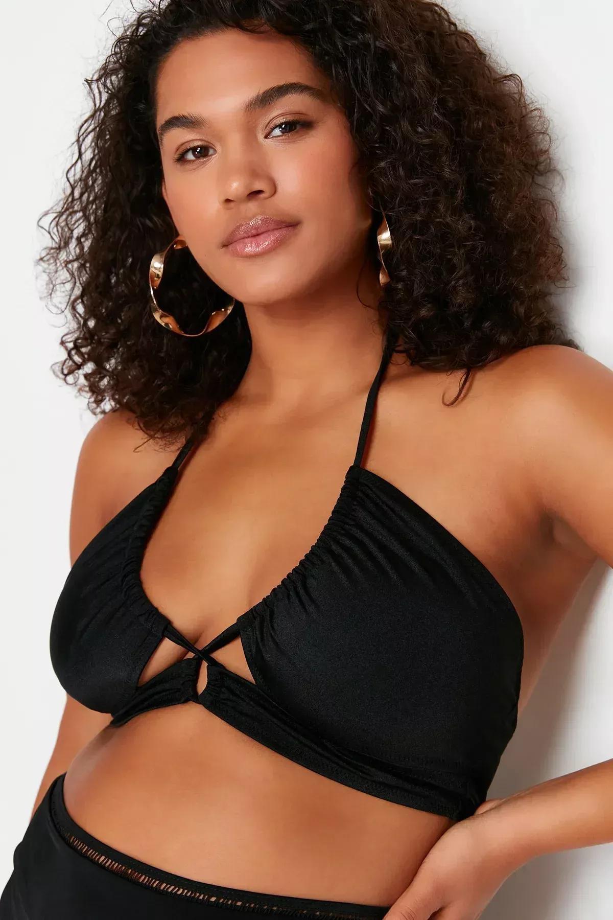 Black Tie Detailed Slimming Effect Bikini Top, BLACK, large image number 2