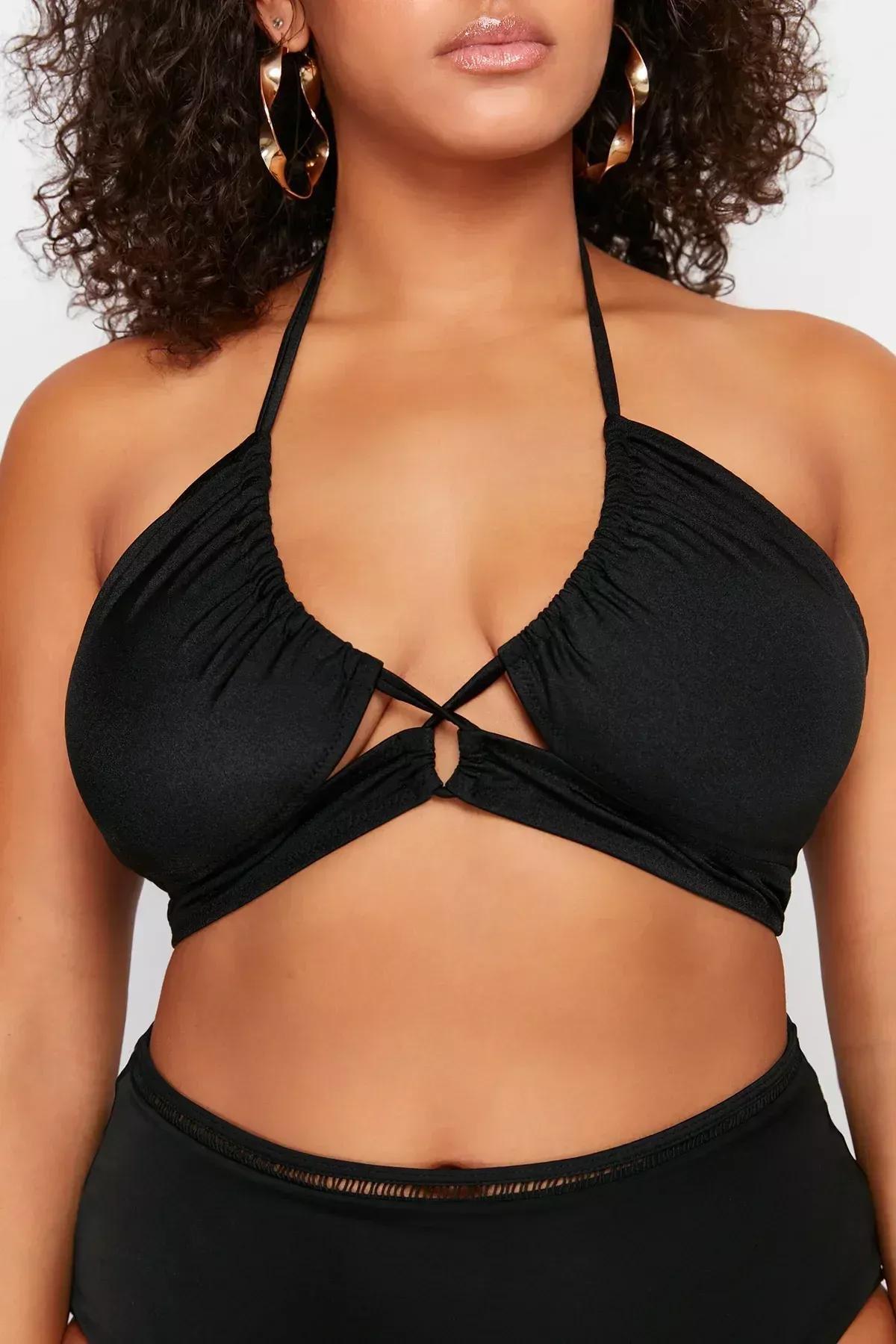 Black Tie Detailed Slimming Effect Bikini Top, BLACK, large image number 3