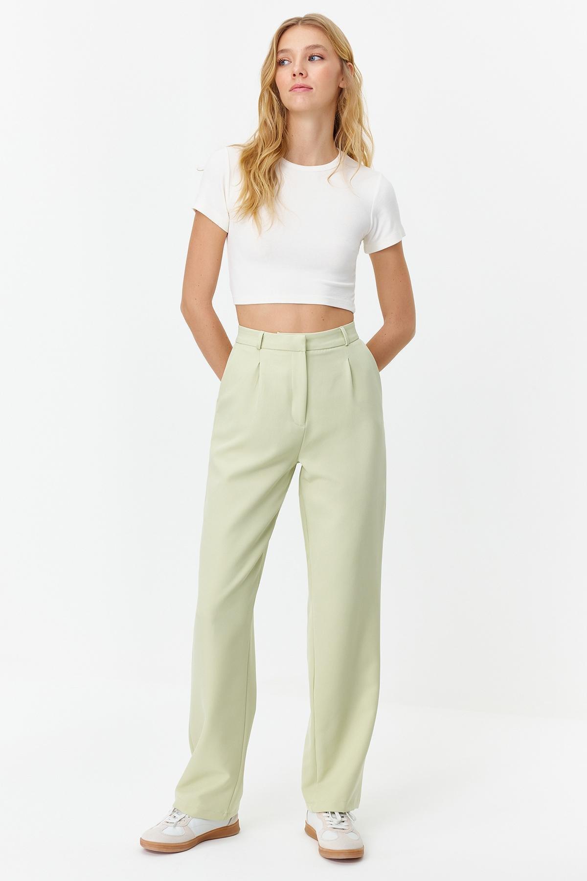 green Straight Cut Pleated Woven Trousers, , large image number 0