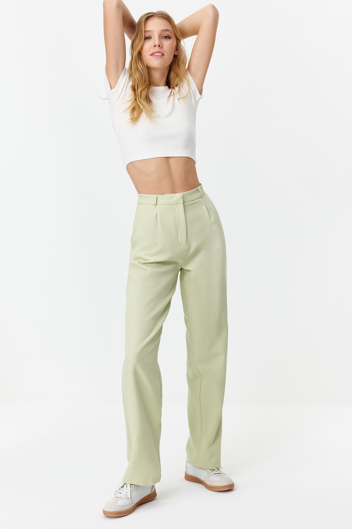 green Straight Cut Pleated Woven Trousers, , large image number 1