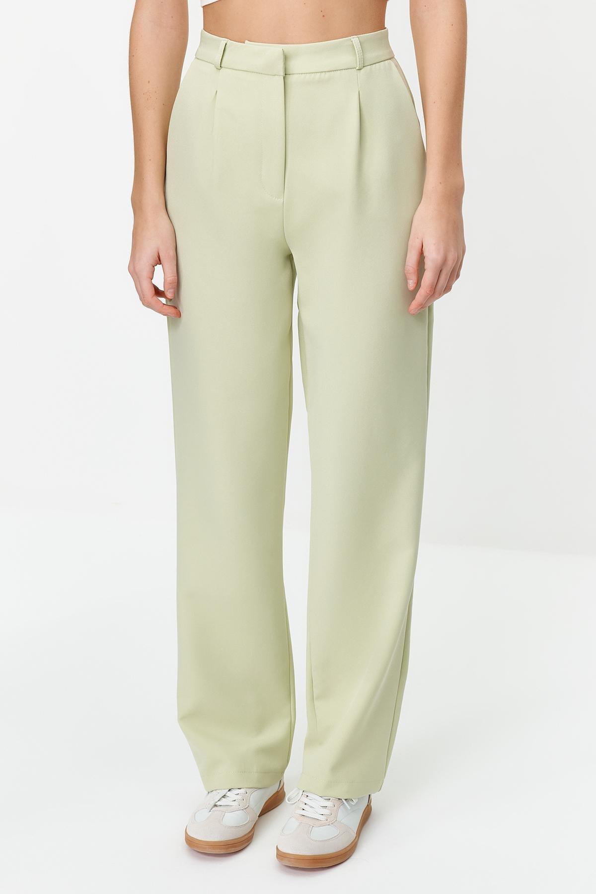 green Straight Cut Pleated Woven Trousers, , large image number 3