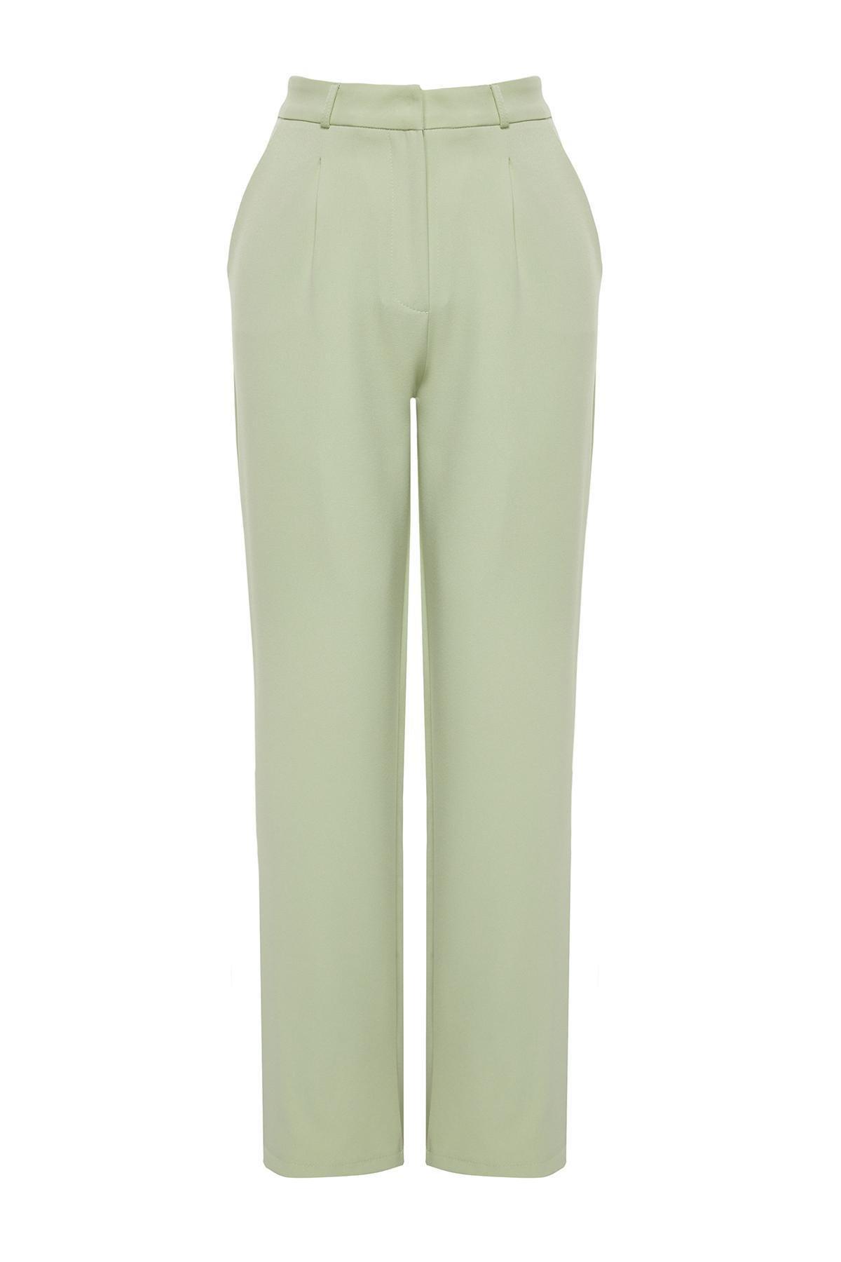 green Straight Cut Pleated Woven Trousers, , large image number 5