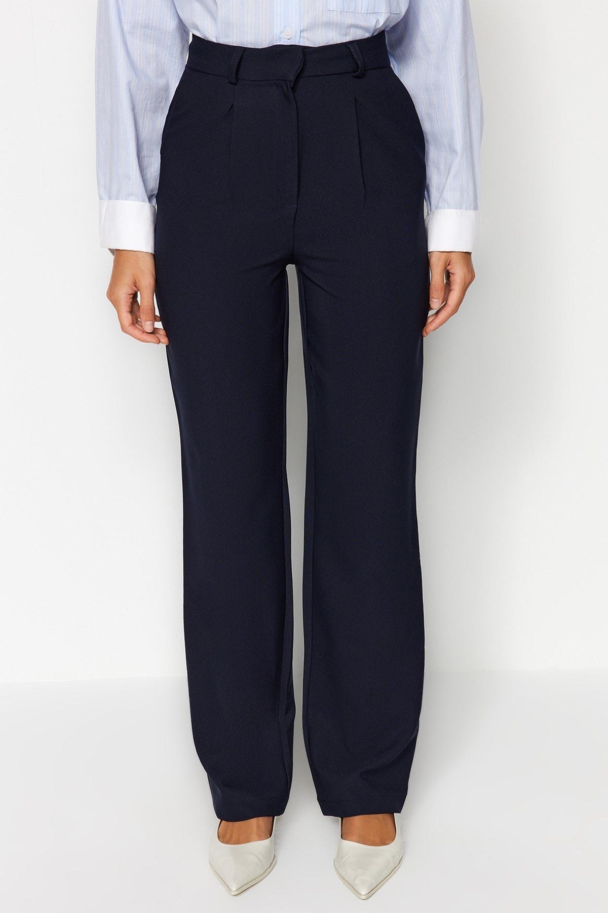 Trendyol - Blue Straight Cut Wide Leg Pleated Trousers