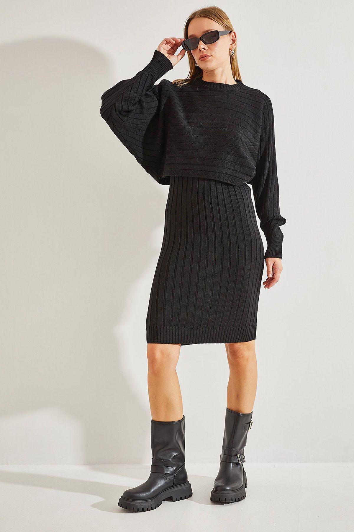 Black Knitted Strap Co-Ord Set, BLACK, large image number 0