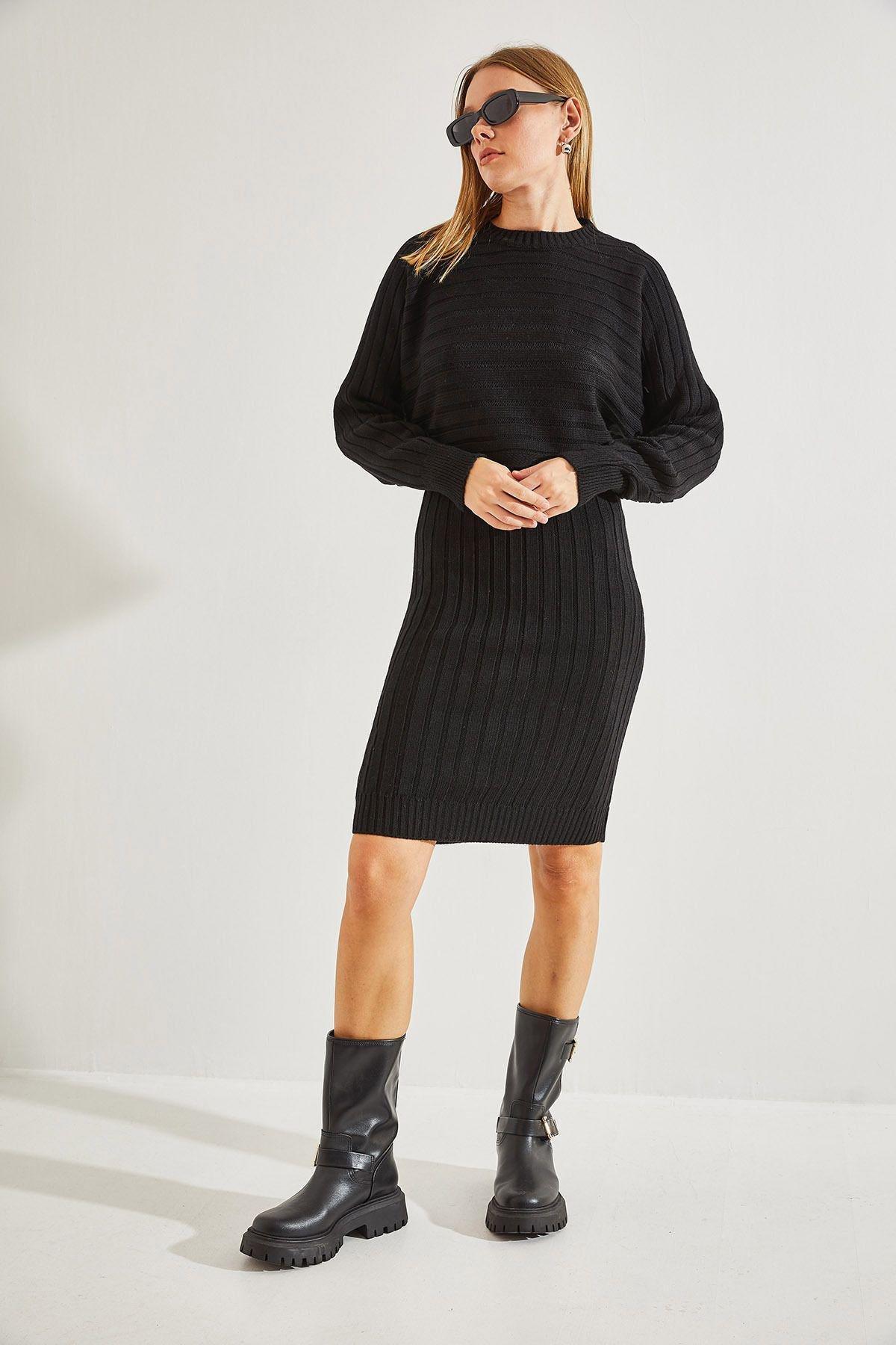 Black Knitted Strap Co-Ord Set, BLACK, large image number 1