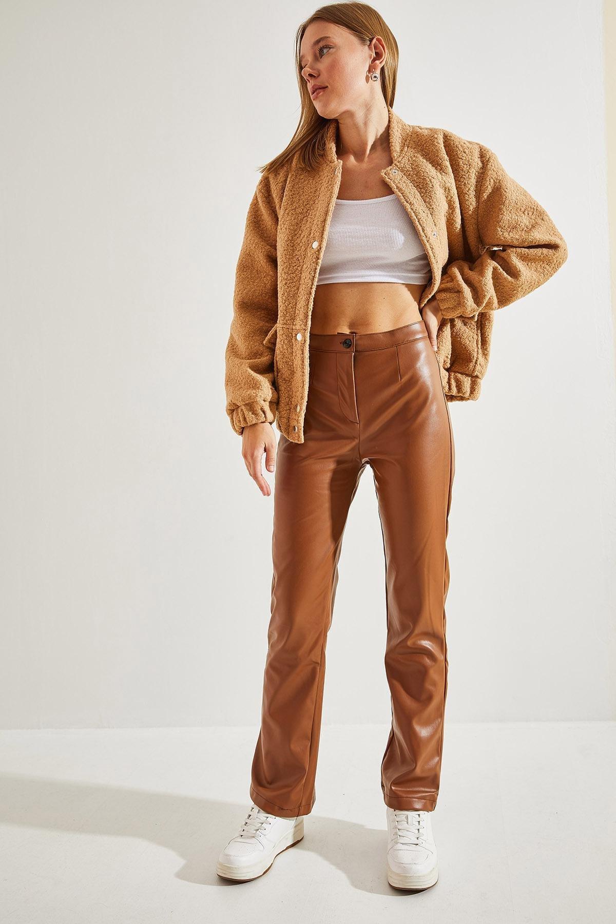 Brown Half Flared Leather Trousers, , large image number 0
