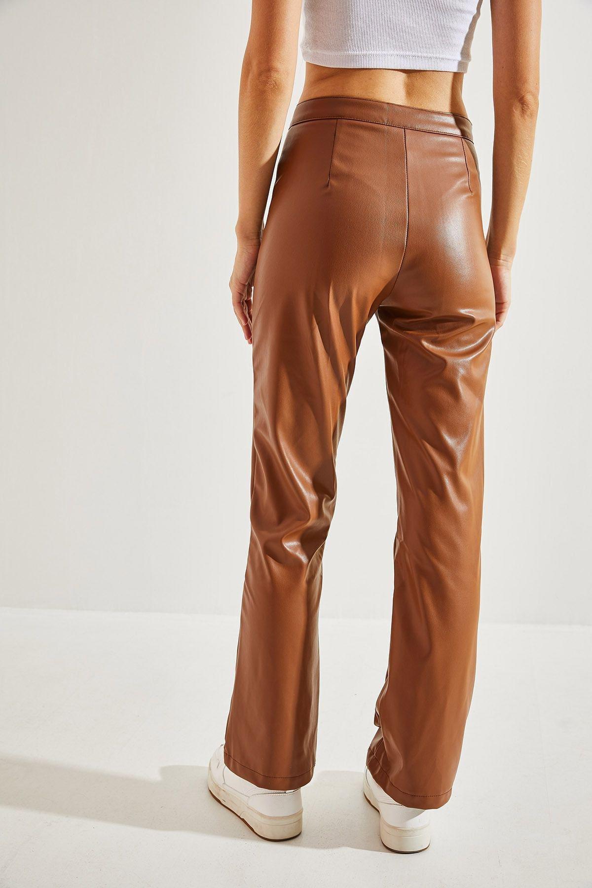 Brown Half Flared Leather Trousers, , large image number 1